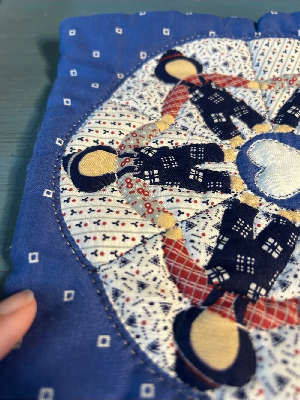 Handcrafted Blue Quilted Pot Holder with Heart Medallion | Farmhouse/Country 8x8